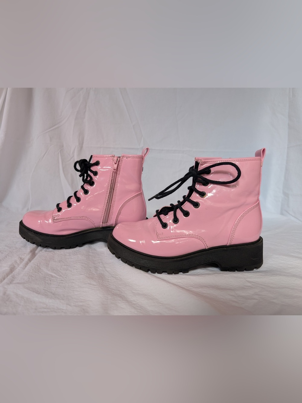 Kids Pink Patent Lace-Up Ankle Boots with Black Lug Sole